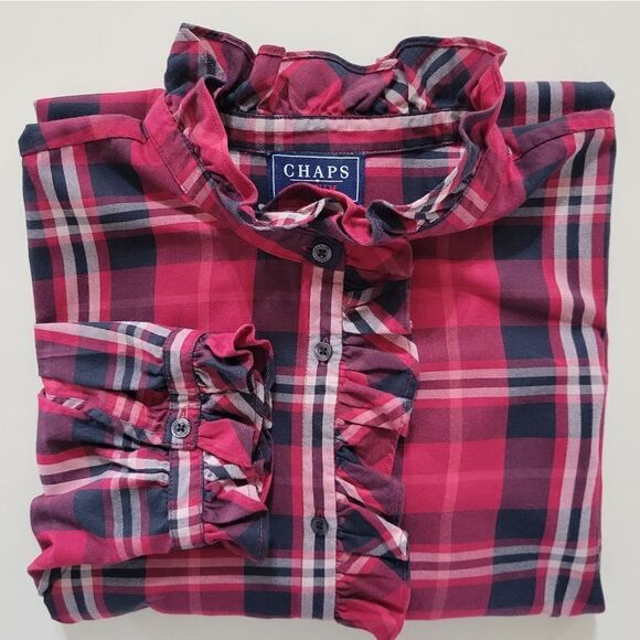 Chaps Women's Red Black Plaid Button-Down Ruffle Long Sleeve Shirt - Picture 15 of 16